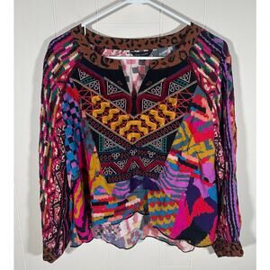 John Mark Mixed Print Embroidered Blouse Boho Maximalist Art to Wear Size L